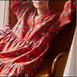 Anthropologie Red and Green Floral Long Sleeve Dress - Light Flannel - Size S